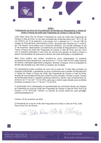Publicita&ccedil;&atilde;o do In&iacute;cio do Procedimento de Revis&atilde;o do Regulamento e Tabela de Taxas e Pre&ccedil;os da Uni&atilde;o das Freguesias do Cartaxo e Vale da Pinta